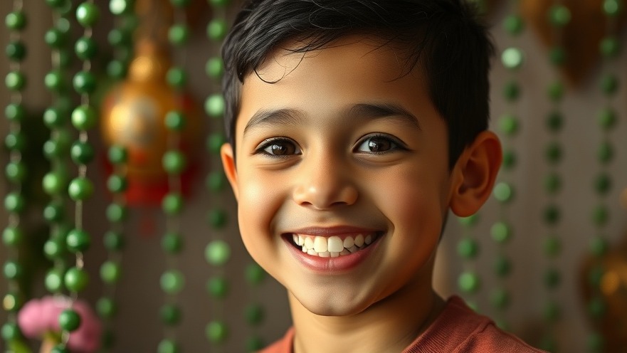 Houston 11-year-old smiling in a commemorative photo with green beads.
