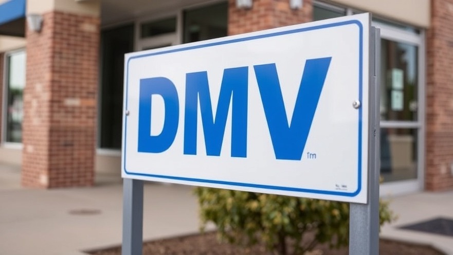 Illinois DMV services sign outside building for REAL ID application info.