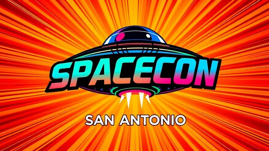 Vibrant SPACECON San Antonio logo with bold colors and UFO graphic highlighting San Antonio events.