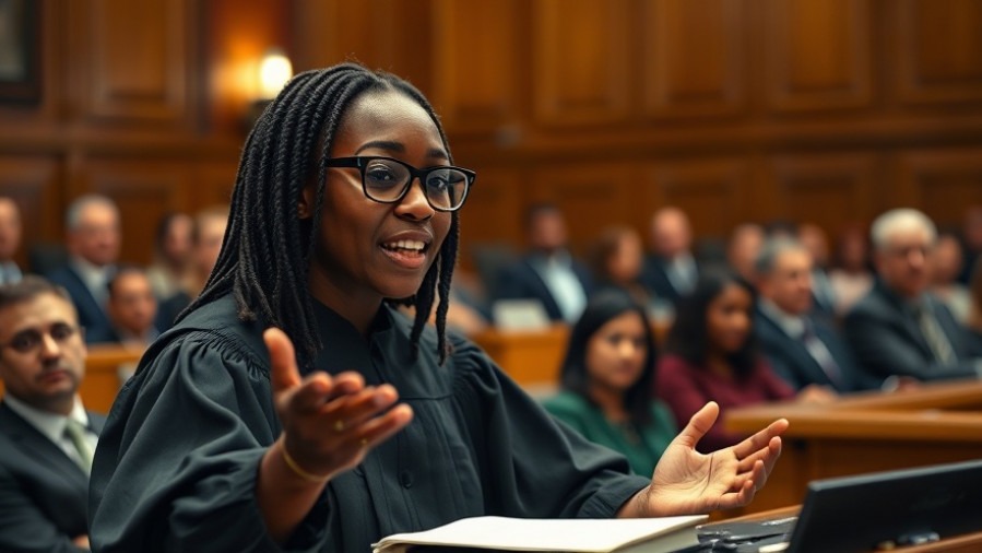 Photorealistic image of a black female Supreme Court justice engaging an audience, highlighting gun control news.