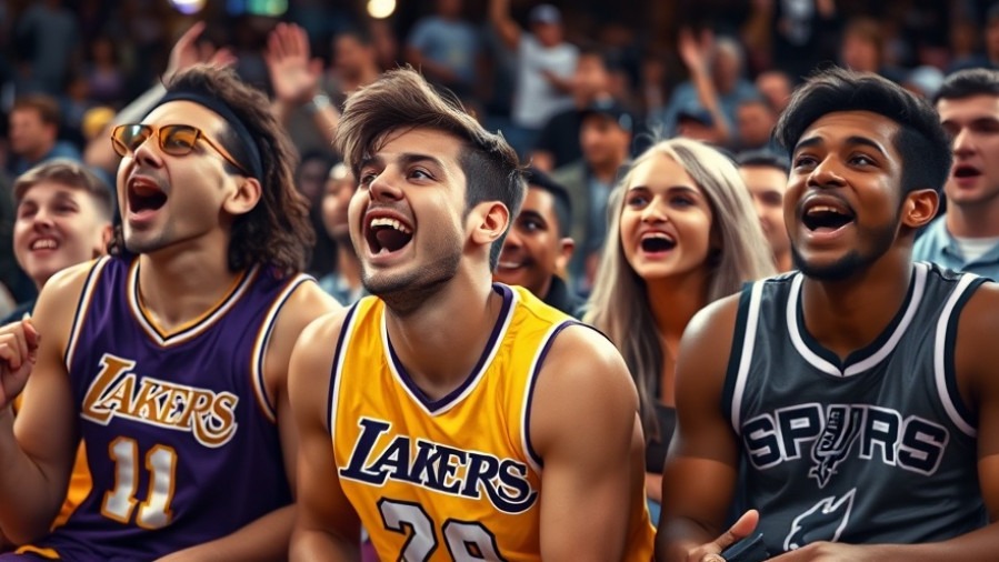 Excited fans in Lakers and Spurs jerseys celebrating during an NBA game.