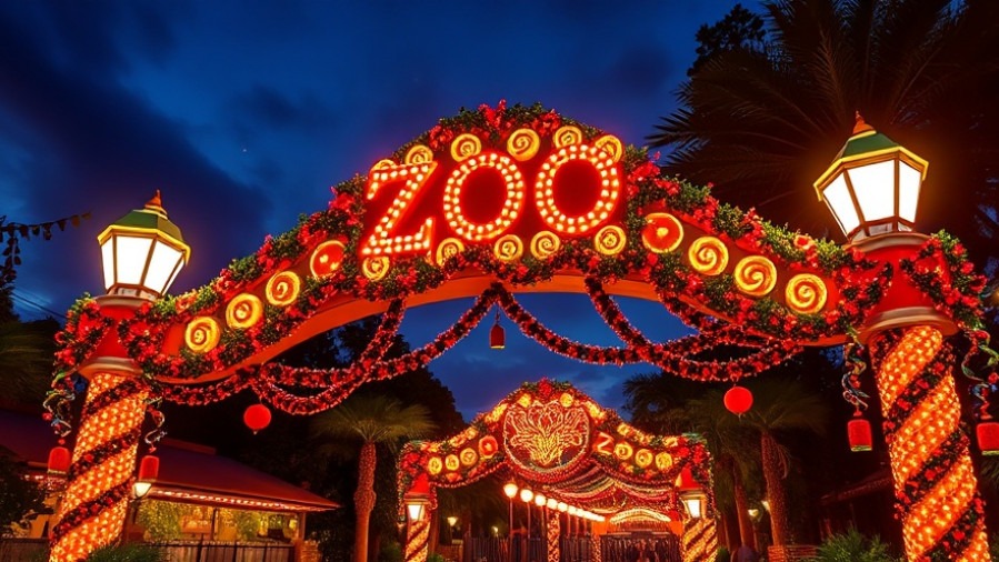 Colorful illuminated 'ZOO' entrance showcasing San Antonio attractions for festive family activities.