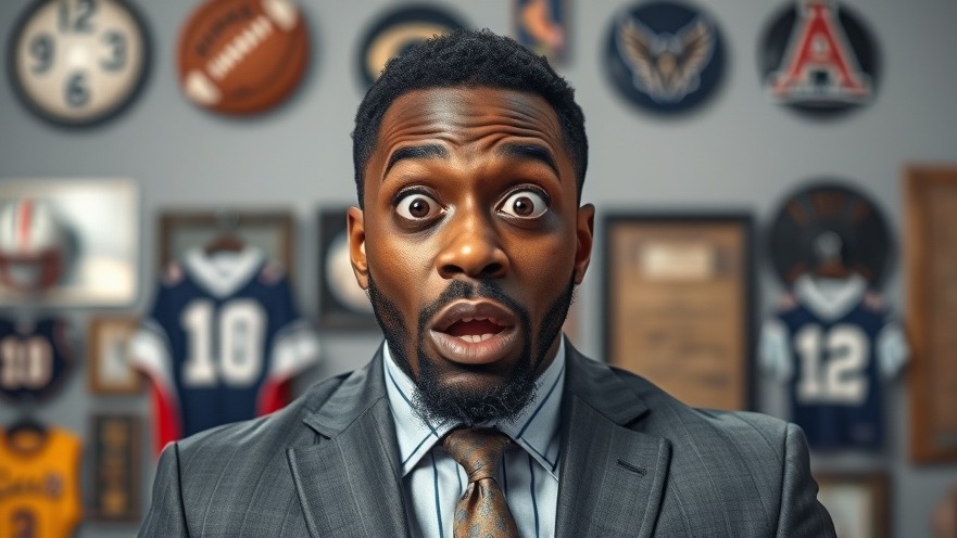 Surprised man in a suit reacts to NFL draft rumors in a studio with sports memorabilia.