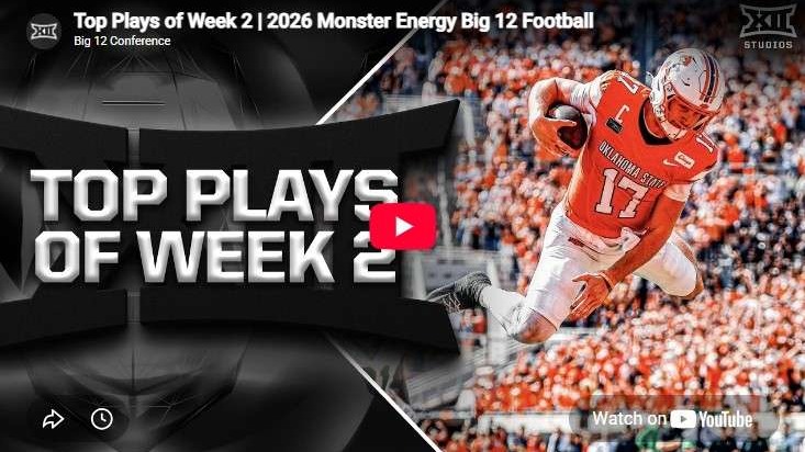 2026 Big 12 Football highlights showing a player leaping forward.
