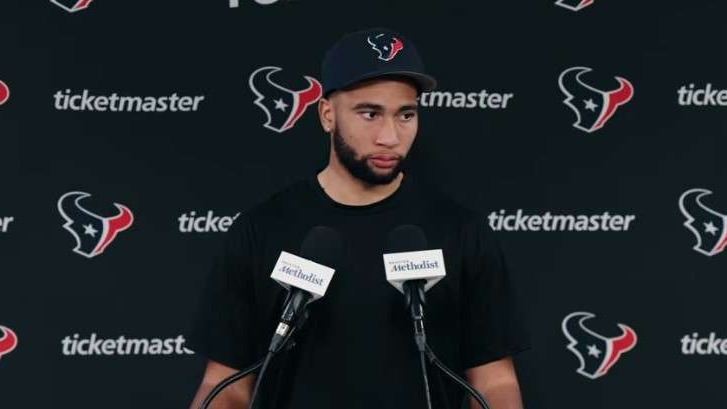 Houston Texans player discussing offensive strategy at a press conference.