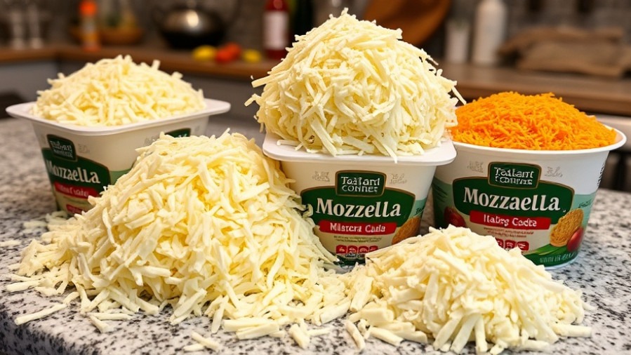 Shredded cheeses on a counter, highlighting FDA food safety recall for metal fragments.