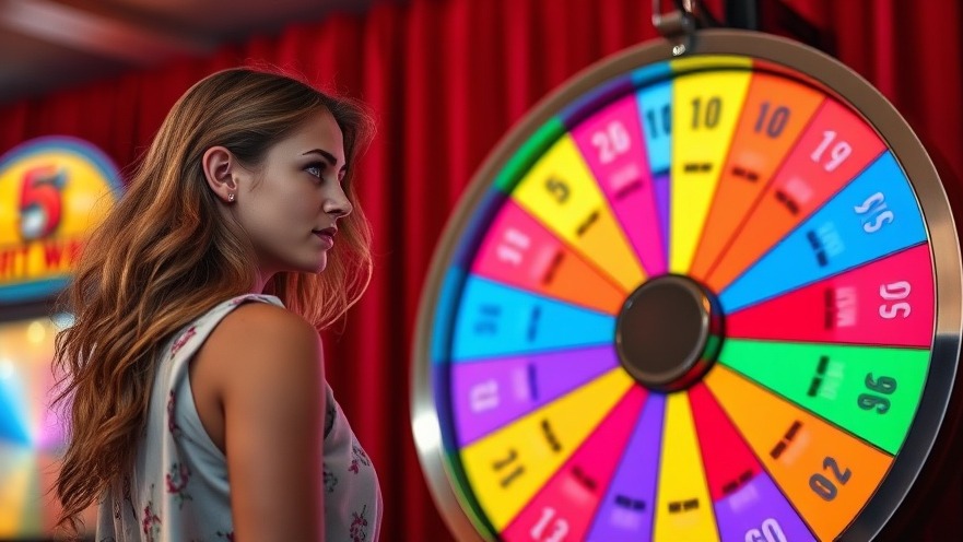 Young woman spinning a colorful wheel of fortune, highlighting e-commerce pricing strategies.