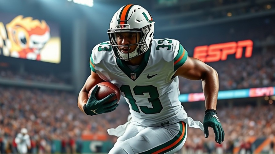 Miami football player in action, showcasing defensive performance amidst College Football Playoff visuals.