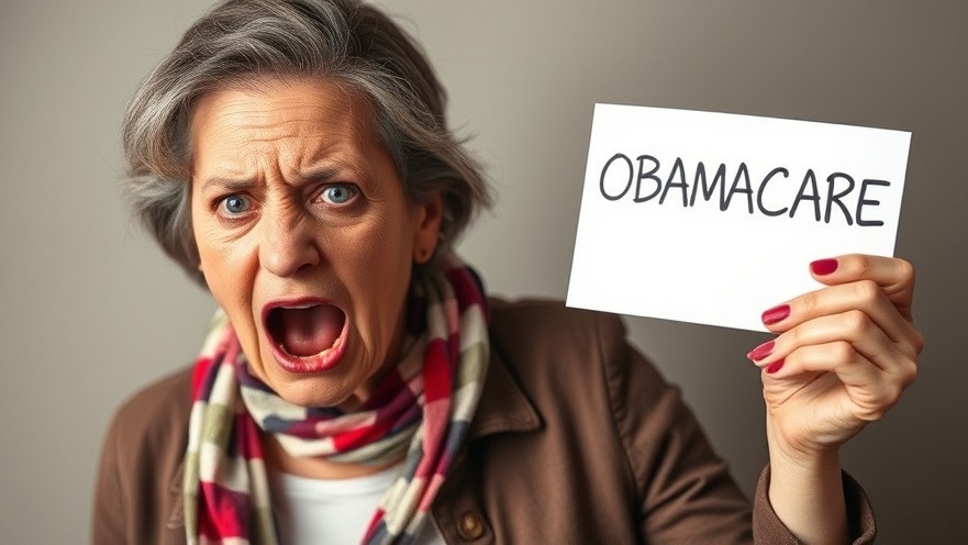 Angry middle-aged woman holding paper labeled 'OBAMACARE', symbolizing health and wellness issues.