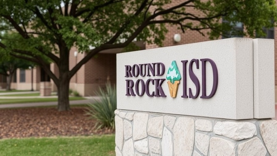 Sign for Round Rock ISD promoting environmental sustainability in Austin education agreement.