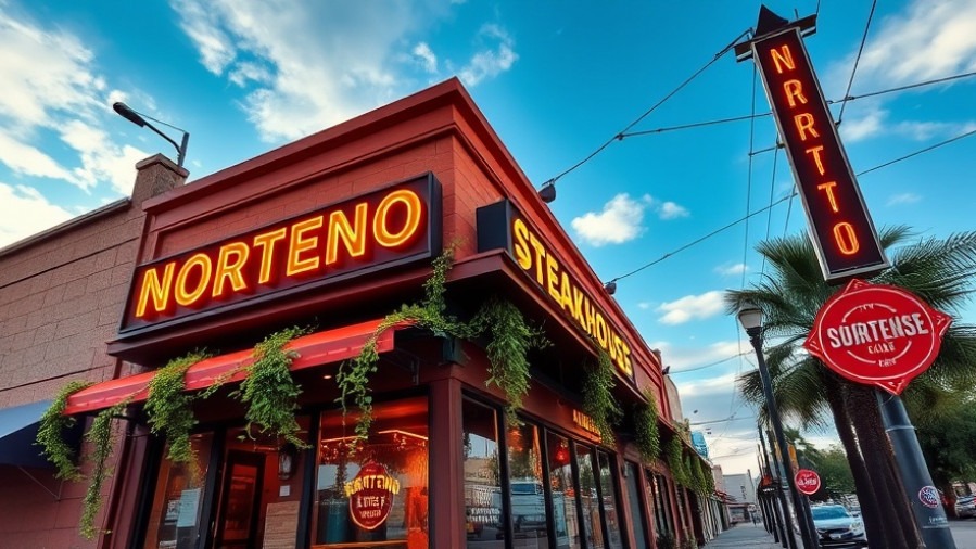Vibrant NORTENO steakhouse exterior in Austin, showcasing upscale dining experience.