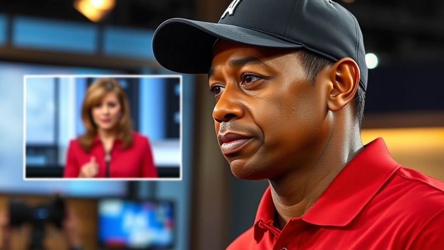 Tiger Woods in red polo focused on latest breaking news broadcast with inset of woman.