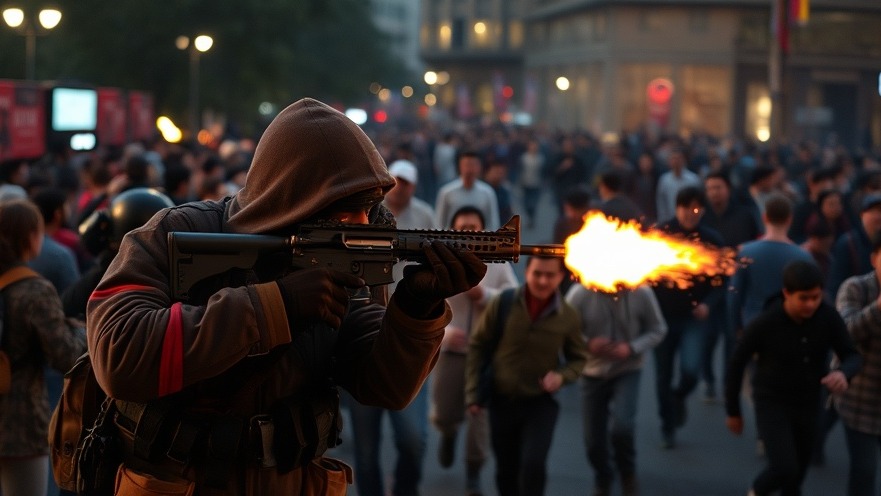 Armed terrorist shooting into a crowd, highlighting US violence incidents and domestic terrorism.