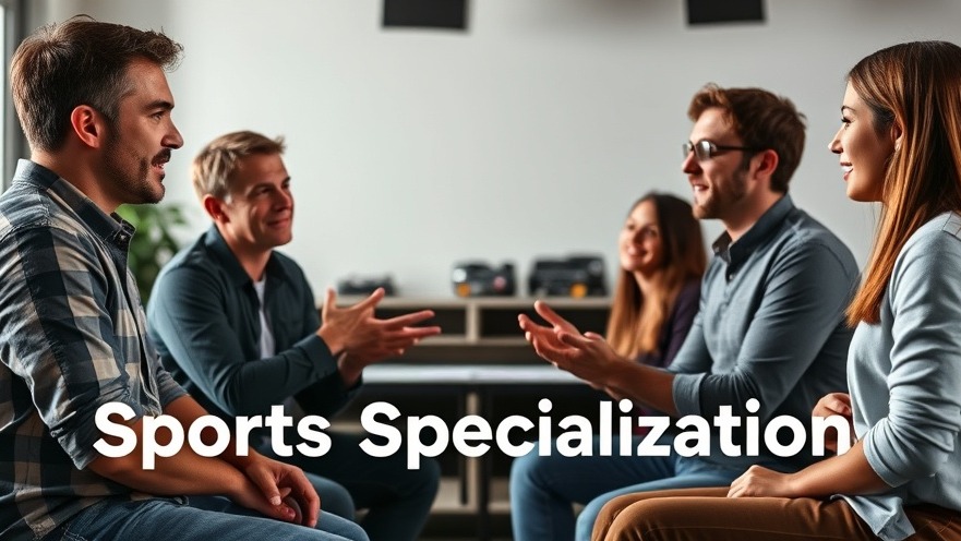 Dynamic collage of people discussing sports specialization, promoting healthy lifestyle habits.