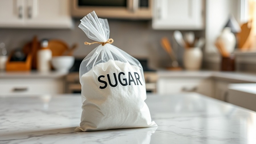 Bag labeled 'SUGAR' on kitchen counter, promoting stress relief techniques for seniors.