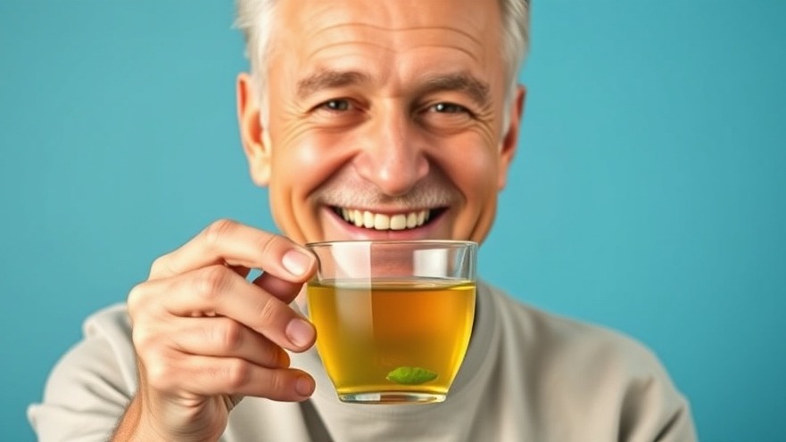 Smiling older man with green moringa tea, showcasing natural health tips for vitality.