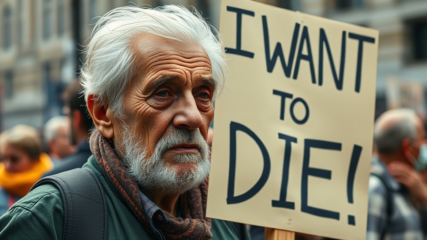 Elderly activist at protest for medically assisted suicide, showcasing end-of-life options.
