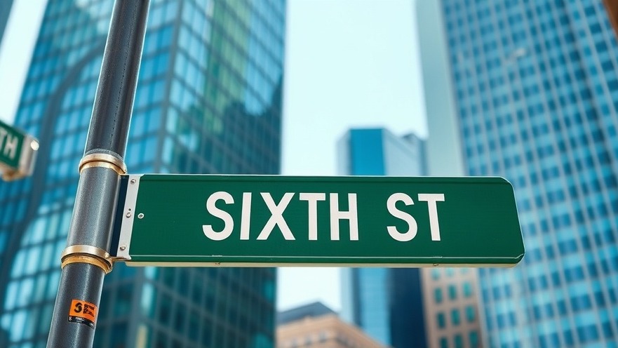 Close-up of a 'SIXTH STREET' sign with vibrant skyscrapers, reflecting Austin urban development.
