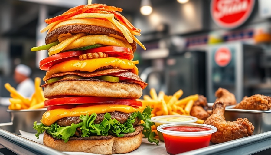Towering burger with fries highlighting ultra-processed foods.