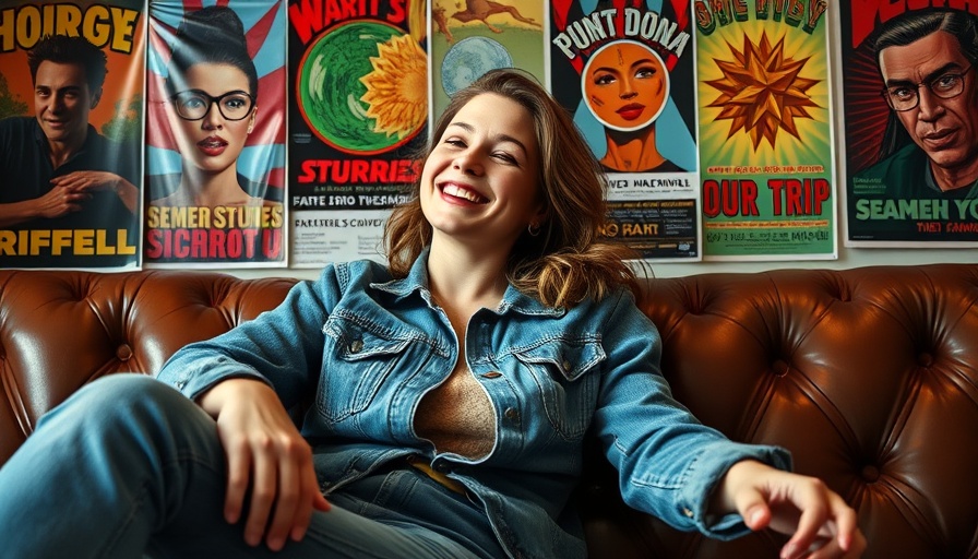 Smiling woman relaxing in a denim jacket, Texas handbag brand collaboration.