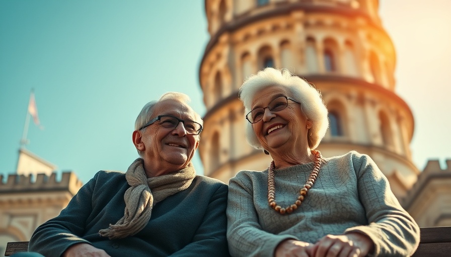 Elderly couple enjoying the day near a historical tower, related to golden visa program Portugal.