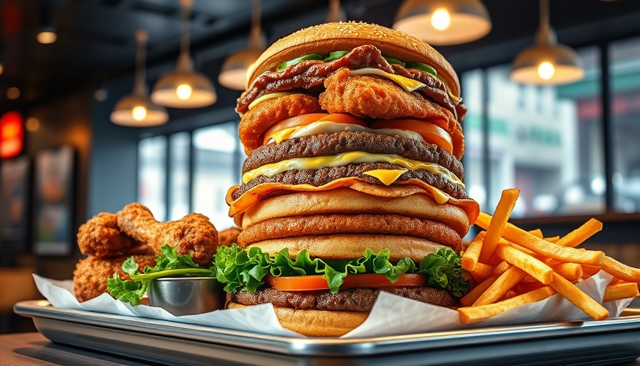 Tower of ultra-processed foods including big burger and fries.