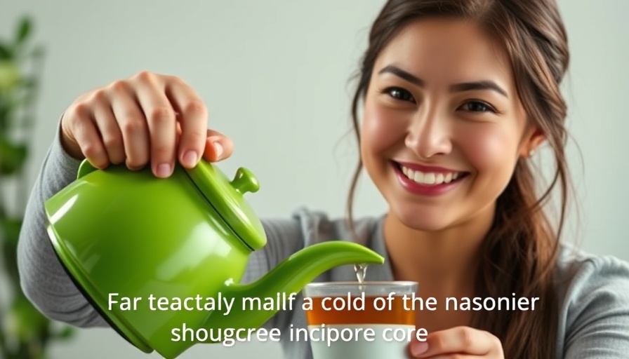 Smiling professional pouring tea with text on black and green teas for brain waves.
