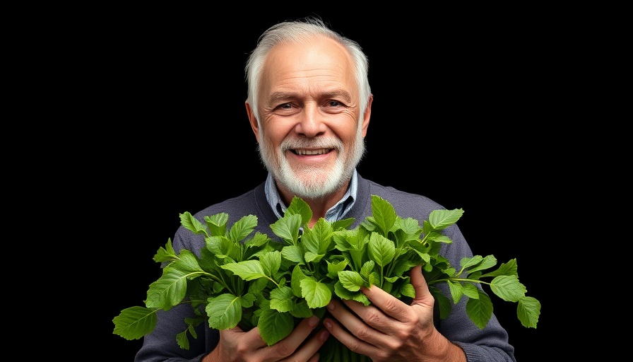 Elderly man smiling with leafy greens, healthy aging tips.