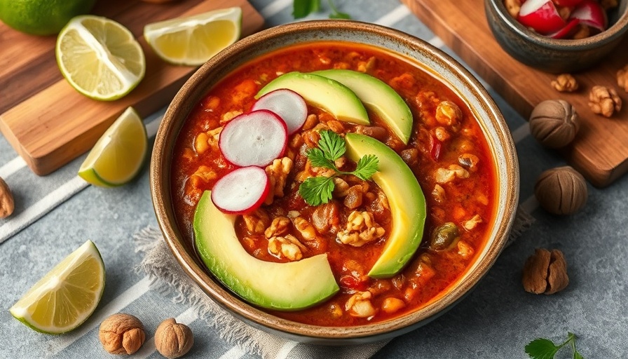 California Walnut Chili Recipe garnished with avocado and radishes.