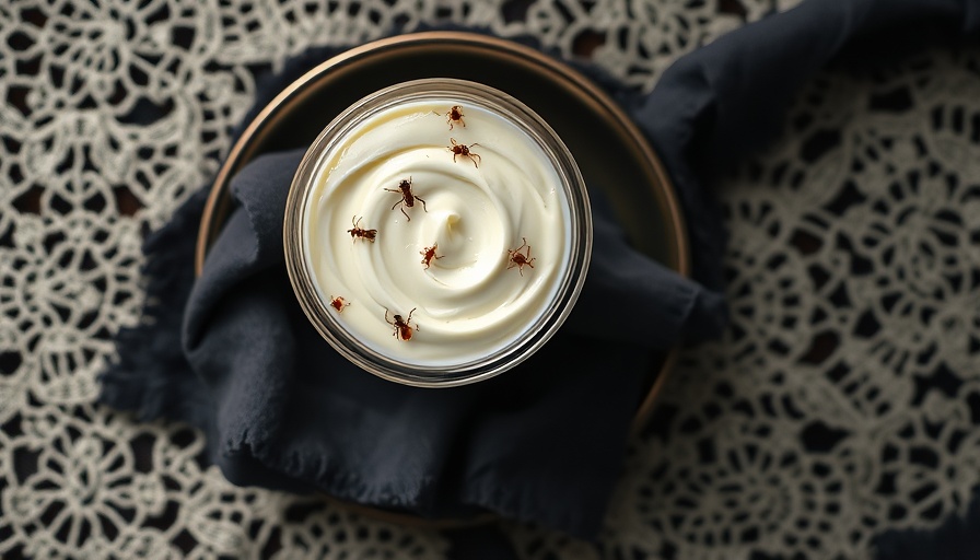 Yogurt with ants in a jar on lace tablecloth.