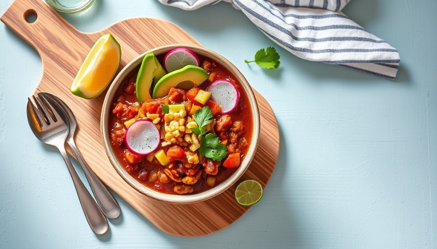Delicious California Walnut Chili garnished with avocado.