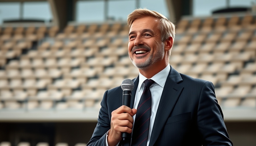 Man discussing NFL news in an empty stadium setting.