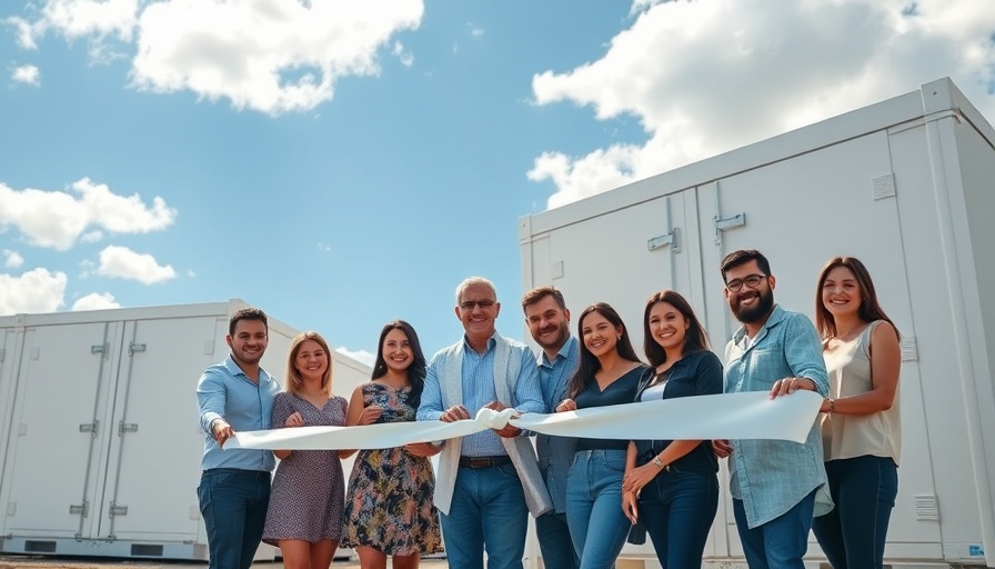 Diverse group opening Texas battery storage facility under clear sky.