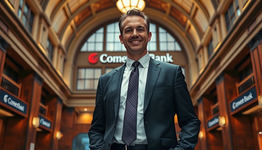 Businessman in Comerica Bank atrium, symbolic of Fifth Third Comerica merger.