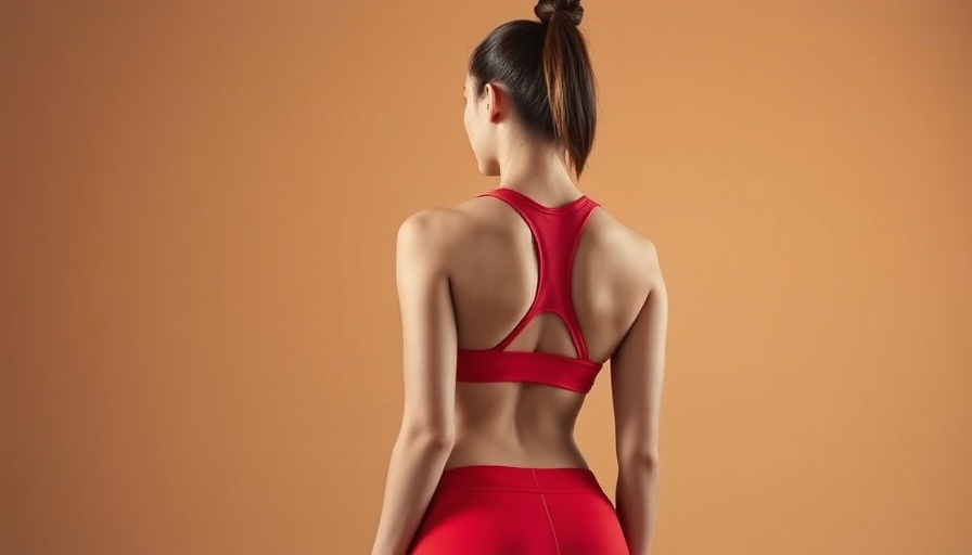 Fit young woman in red, standing still, back view.