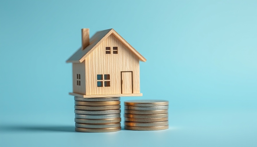 Wooden house on coin stacks illustrating housing affordability.
