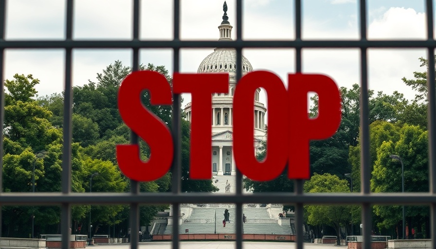 Barrier with 'STOP' sign in front of US Capitol. Back pay for furloughed workers.