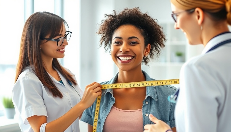 Joyful woman with doctor measuring waist, focus on lower diabetes risk.