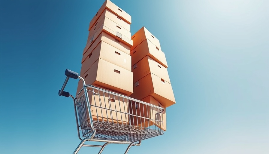 Stacked cardboard boxes in a shopping cart under blue sky, impulse buying concept.