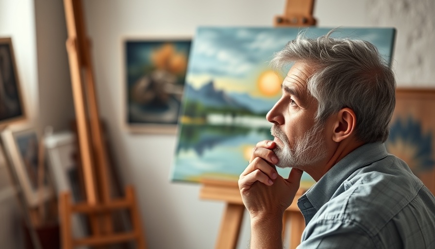 Bob Ross painting landscape on easel in studio.