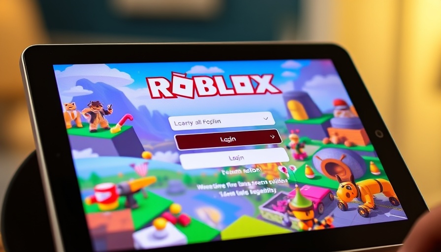 Roblox login screen on tablet with vibrant game scenes.