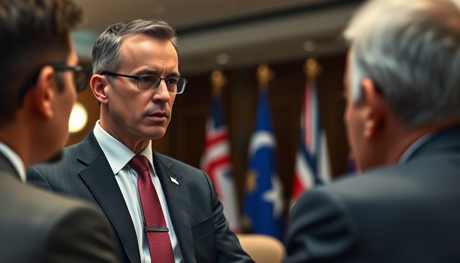 Serious man in suit discussing election in meeting room with flags.