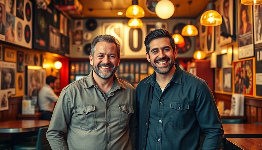 Two happy men at Trill Burgers collaboration in a lively restaurant.