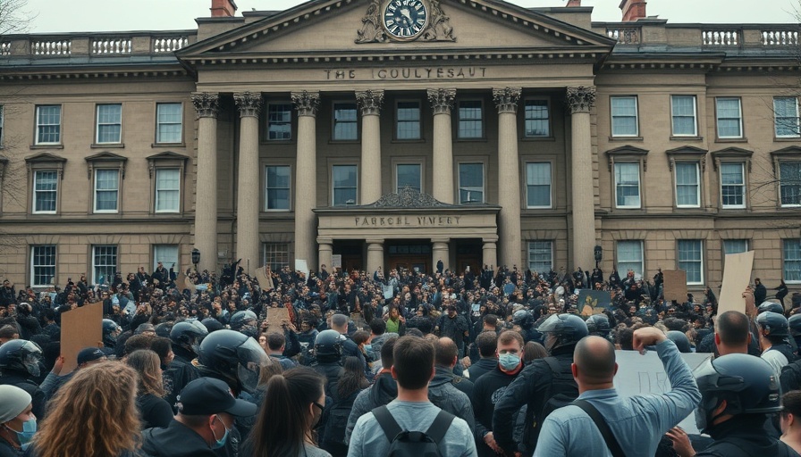 Tense protest scene at university, highlighting higher education issues.