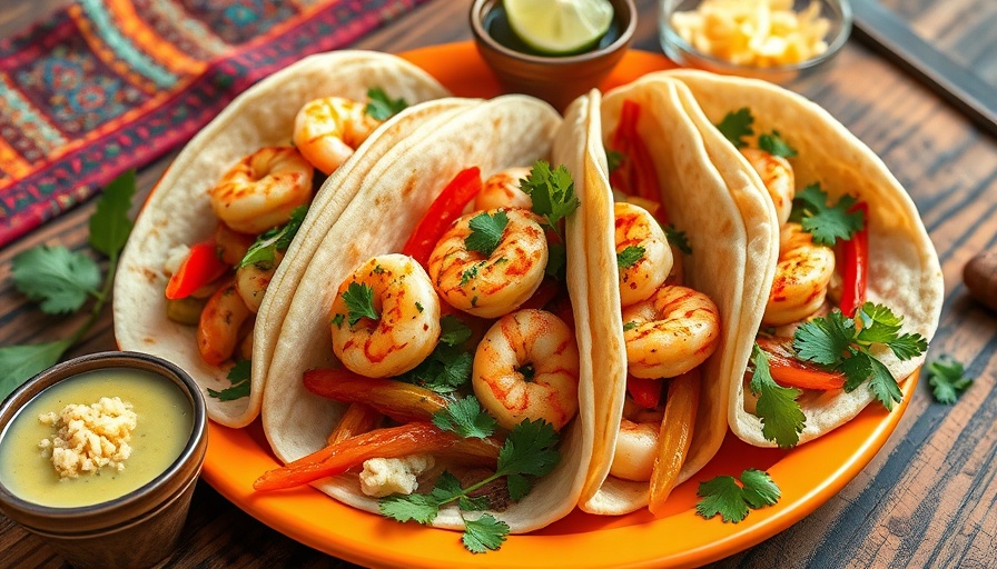 Sheet Pan Shrimp Fajitas with colorful peppers on an orange plate.