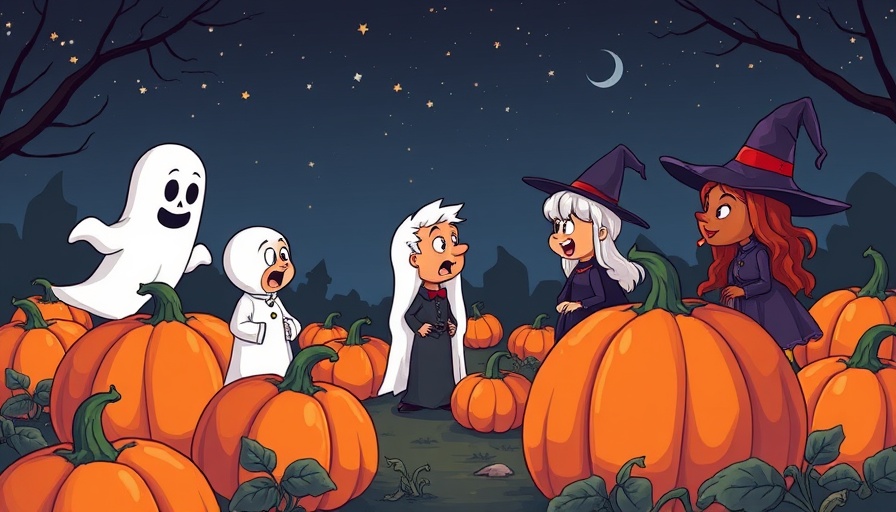 Characters from 'It's the Great Pumpkin, Charlie Brown' in Halloween pumpkin patch.