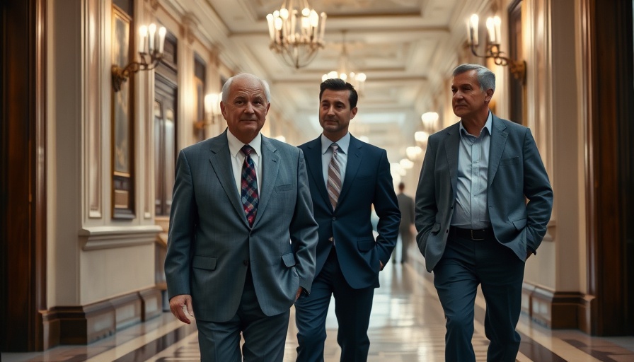 Professionals discussing in a government building corridor.