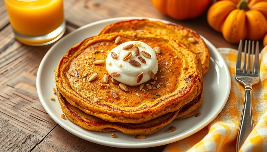 Pumpkin & Ginger Snap Pancakes with cream on rustic table.