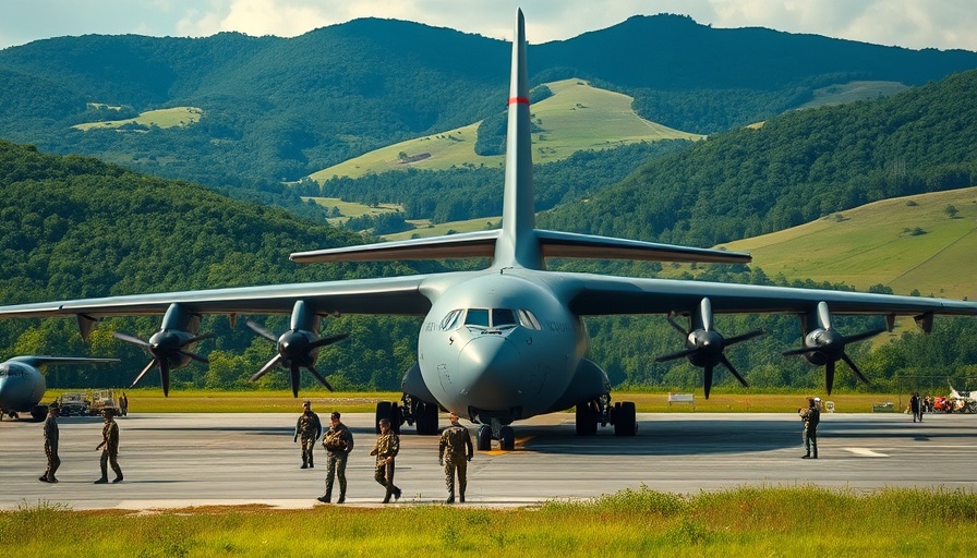 Military aircraft on tarmac during operation, Caribbean landscape.