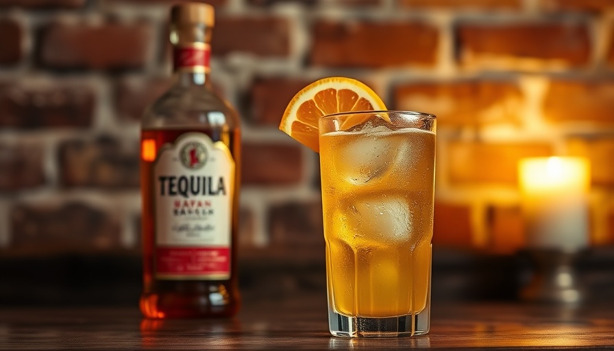 Cocoa Old Fashioned cocktail recipe with tequila bottle and orange garnish.